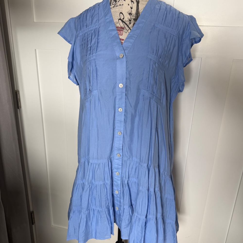 Elan Blue Pintuck Tiered Ruffle Mini Dress VIC50108 Small